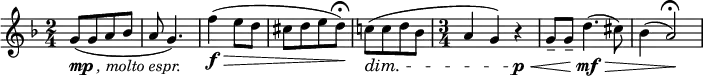 
\relative c'' {  \new Staff { \key f \major \time 2/4 \numericTimeSignature
    [ g8-\markup { \dynamic mp \italic {, molto espr.}}( g a bes ] | a8 g4.)  |
    f'4-\f\>( e8 d | [ cis8 d e d\!\fermata) ] | 
    [c!8\dim( c d bes ] | \time 3/4 a4 g4) r4\p\< |
     g8-- g8-- d'4.-\mf\>( cis8) | bes4( a2\!\fermata) |
    }}
