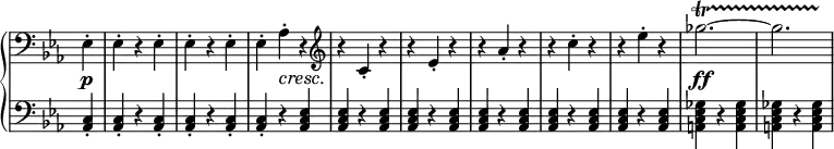
 \relative c' {
  \new PianoStaff <<
   \new Staff \with { \remove "Time_signature_engraver" } { \key c \minor \time 3/4 \partial 4 \clef bass
    es,4-. es-. r es-. es-. r es-. es-. aes-. r \clef treble
    r c-. r r es-. r r aes-. r r c-. r r es-. r ges2.~\startTrillSpan << ges { s2 s8 s\stopTrillSpan } >>
   }
   \new Dynamics {
    s4\p s2. s s4 s4\cresc s\! s2. s s s s s\ff
   }
   \new Staff \with { \remove "Time_signature_engraver" } { \key c \minor \time 3/4 \clef bass \partial 4
    <c,,, aes>4-. <c aes>-. r <c aes>-. <c aes>-. r <c aes>-. <c aes>-. r <es c aes>
    <es c aes> r <es c aes> <es c aes> r <es c aes> <es c aes> r <es c aes>
    <es c aes> r <es c aes> <es c aes> r <es c aes> <ges es c a> r <ges es c a> <ges es c a> r <ges es c a>
   }
  >>
 }
