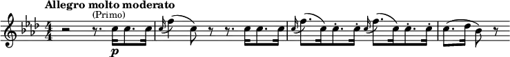  \relative c'' {\clef treble \key f \minor \numericTimeSignature \time 4/4 \tempo "Allegro molto moderato" r2 r8.^\markup {\smaller {(Primo)}} c16\p[ c8.c16] \appoggiatura c16 f4( c8) r8 r8. c16[ c8. c16] \appoggiatura c16 f8.[( c16) c8.-. c16-.] \appoggiatura c16 f8.[( c16) c8.-. c16-.] c8.( des16 bes8) r8}