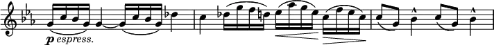 \relative c'' \new Staff \with { \remove "Time_signature_engraver" } {
\set Score.tempoHideNote = ##t \tempo "" 4=48 \key c \minor \time 4/4
g16_\markup { \dynamic p \italic espress. } ( c bes g) g4~ g16( c bes g) des'4
c4 des16( g f d) es\<( aes g es\!) c\>( f es c\!) c8( g) bes4-^ c8( g) bes4-^
}
