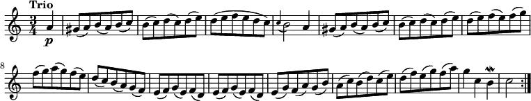\version "2.18.2"
\relative c'' {
\key a \minor
\time 3/4
\tempo "Trio "
\tempo 4 = 138
\set Staff.midiInstrument = "string ensemble 1"
\partial 4 a\p
gis8 (a) b (a) b (c)
b (c) d (c) d (e)
d (e f e d c)
\grace c4 (b2) a4
gis8 (a) b (a) b (c)
b (c) d (c) d (e)
d (e) f (e) f (g)
f (g) a (g) f (e)
d (c) b (a) g (f)
e (f) g (e) f (d)
e (f) g (e) f (d)
e (g) f (a) g (b)
a (c) b (d) c (e)
d (f) e (g) f (a)
g4 c, b\mordent
c2 \bar ":|."
}