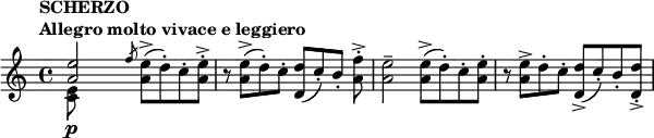 
\relative c'' \new Staff {
 \set Score.tempoHideNote = ##t \tempo \markup {
  \column {
   \line { SCHERZO }
   \line { Allegro molto vivace e leggiero }
  } 
 } 4=160 \key a \minor \time 4/4
 << { <e a,>2 } \\ { <e, c>8\p s8 s4 } >>\slashedGrace f'8 <e a,>8->( d-.) c-. <e a,>-. ->
 r <e a,>->( d-.) c-. <d d,>[ ( c-.) b-.] <f' a,>-. ->
 <e a,>2-- <e a,>8-> ( d-.) c-. <e a,>-.
 r <e a,>-> d-.) c-. <d d,>-> ( c-.) b-. <d d,>-. ->
}
