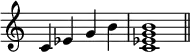 {\omit Staff.TimeSignature \time 4/4 c'4ees'g'b' \time 4/4 <c'ees'g'b'>1 \bar "||"}