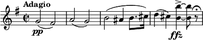 \relative c'' {
\tempo "Adagio"
\key e \minor
\time 2/2
g2\pp (fis) | a (g) | b (ais4 b8. cis16) | d4 (cis) <b b'>->~_\markup \center-align{\dynamic ffz} <b b'>8 r\fermata
}