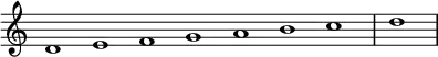\relative c' {
\new Staff \with { \remove "Time_signature_engraver" }
{ \key a \minor \time 1/1 \cadenzaOn d1e f g a b c \bar "|" d \bar"|"}
}
