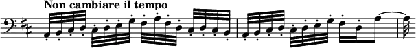
\relative c \new Staff \with { \remove "Time_signature_engraver" } {
 \key b \minor \time 2/4 \tempo "Non cambiare il tempo" \clef bass
 a32-.[ b-. cis-. d-.] cis-. d-. e-. g-. fis-.[ a-. fis-. d-.] cis-. d-. cis-. b-.
 a-.[ b-. cis-. d-.] cis-. d-. e-. g-. fis16-. d-. a'8~ a32
}
