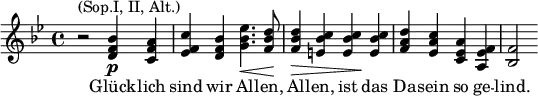 \relative g' { \key bes \major r2^\markup { (Sop.I, II, Alt.)} <bes f d>4_\markup { \dynamic p } <a f c> | <c f, es> <bes f d> <es bes g>4.\< <d bes f>8\! | <d bes f>4\> <c bes e,> <c bes e,>\! <c bes e,> | <d a f> <c a es> <a es c> <f es a,> | <f bes,>2 }\addlyrics { Glück -- lich | sind wir Al -- len, | Al -- len, ist das | Da -- sein so ge -- | lind. }