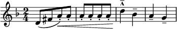 
\relative c' {  \new Staff { \key f \major \time 2/4 \numericTimeSignature
    d8([ fis a)-.\< a-.] | a-.[ a-. a-. a-.] | d4^^^-\!  bes-- | a--  g--  |  
    }}
