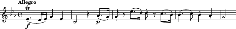 \relative c' {
\tempo "Allegro"
\key es \major
es4.\f\trill( d16 es) g4 es |
bes2 r4 as'8.(\p g16) |
g8-. r es'8.( d16) d8-. r c8.( bes16) |
bes4.( c8) bes4-. as-. |
g2
}
