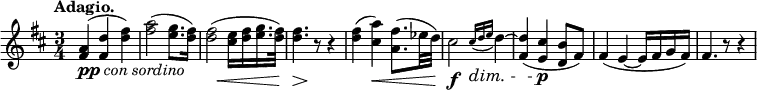 <<
\relative c'' \new Staff {
\key d \major \time 3/4 \set Score.tempoHideNote = ##t \tempo "Adagio." 8=116
\override Score.NonMusicalPaperColumn #'line-break-permission = ##f
\override TextScript #'whiteout = ##t
<a fis>4( <d fis,> <fis d>) <a fis>2( <g e>8. <fis d>16)
<fis d>2( <e cis>16 <fis d> <g e>16. <fis d>32) <fis d>4. r8 r4
<fis d>( <a cis,>) <fis a,>8.( es32 d) cis2 \acciaccatura { cis16\dim d e } d4~
<d fis,>( <cis e,>\p <b d,>8 fis) fis4( e~ e16 fis g fis) fis4. r8 r4
}
\new Dynamics {
s2.^\markup { \dynamic pp \italic { con sordino } } s s4 s2\< s4\> s4\! s4
s4 s\< s s\f
}
>>