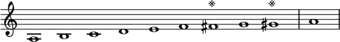 \relative c' {
\new Staff \with { \remove "Time_signature_engraver" }
{ \key a \minor \time 1/1 \cadenzaOn a1 b c d e f fis^\markup{※} g gis^\markup{※} \bar "|" a \bar"|"}
}