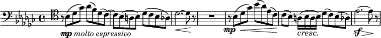 
\relative c' {
 \set Score.tempoHideNote = ##t \tempo "" 4=50 \key ges \major \time 4/4 \clef bass
 s16 \clef tenor r8*1/2_\markup { \dynamic mp \italic { molto espressivo } }
 bes8( des ges) aes( f) des( ces)~ ces bes( a bes) des( ces bes aes) des2.\< ~ des8\! r R1
 r8\mp bes( des\< ges) bes( aes) es( ces\!)
 ces( bes) a16\cresc ( bes\! a bes) des8( ces) bes( aes)
 << { \stemDown es'2.~ es8 a,\rest } \\ { s4\sf s s\> s\! } >>
}
