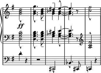 
\new StaffGroup
 \with { 
   systemStartDelimiter = #'SystemStartBar
 }
 <<
  \new GrandStaff <<
   \relative c' \new Staff \with { \remove "Time_signature_engraver" } {
    \key g \major \time 2/4
     <<
      { s2 s2 dis'4-- e-^~ e4. b8\rest s2 }
      \\
      { <d b g>2-^\ff <g b, g>4.-^ <d b g>8-- <bes g>4 <bes~ g~> <bes g>4. s8 <fis' c>2-^ }
     >>
    }
   \relative c' \new Staff \with { \remove "Time_signature_engraver" } {
    \key g \major \time 2/4 \clef bass
     <<
      { s2 s2 dis4 e~ e4. d,8\rest \clef treble <fis' c a>2-^ }
      \\
      { <d b g d>2-^ <d b g d>4.-^ <d b g d>8-- <bes g>4 <bes~ g~>-^ <bes g>4. s8 s2 }
     >>
    }
  >>
  \relative c' \new Staff \with { \remove "Time_signature_engraver" } {
   \key g \major \time 2/4 \clef bass
    d4-. r R2 cis,,2-^ bes'4.-^ cis,8 c!4 r
  }
 >>
