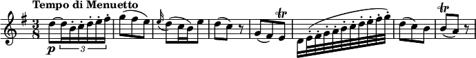 \relative c'' {
\version "2.18.2"
\key g \major
\time 3/8
\tempo "Tempo di Menuetto"
\tempo 4 = 70
d8 \p ~ \tuplet 3/2 {d16 b-. c-. d-. e-. fis-.}
g8 (fis e)
\grace e16 (d8) (c16 b) e8
d8 (c) r
g (fis) e\trill
d16 e32-. (fis-. g-. a-. b-. c-. d-. e-. fis-. g-.)
d8 (c) b
b\trill (a) r
}