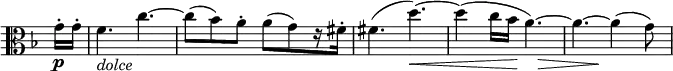 
\relative c'' \new Staff \with { \remove "Time_signature_engraver" } {
 \key d \minor \time 6/8 \set Score.tempoHideNote = ##t \tempo "" 4.=86 \clef alto \partial 8
 g16-.\p g-. f4._\markup \italic dolce c'~ c8( bes) a-. a[ ( g) r16 fis-.]
 <<
   { \stemDown fis4.( d')~ d4( c16 bes a4.)~ a~ a4 ( g8) }
   \\
   { s4. s\< s4 s16 s\! s8 s4\> s4 s8\! s4. }
 >> 
}
