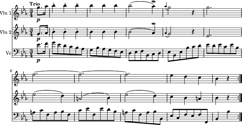 \version "2.18.2"
<<
\new Staff \with { instrumentName = #"Vln 1"}
\relative c'' {
\key es \major
\time 3/4
\tempo "Trio"
\tempo 4 = 128
\partial 4 g'8.\p aes16
bes4-. bes4-. bes4-.
bes4 bes4 bes4
bes2 (aes4)\mordent
\grace aes (g2) r4
g2.
f ~
f ~
f
es4 d c
bes r \bar ":|."
}
\new Staff \with { instrumentName = #"Vln 2"}
\relative c' {
\key es \major
\time 3/4
\partial 4 g'8.\p aes16
bes4-. bes4-. bes4-.
bes4 bes4 bes4
bes2 (aes4)\mordent
\grace aes (g2) r4
es2.
es'2 (d4)
a2 (bes4)
es2 (d4)
c4 bes a
bes r \bar ":|."
}
\new Staff \with { instrumentName = #"Vc"}
\relative c' {
\key es \major
\time 3/4
\clef "bass" \partial 4 es8.\p f16
g8 es d c bes aes
g bes aes g f es
d es f bes, c d
es bes es bes' c d
es d es c es bes
a c f, a bes f
c' es f, es' d bes
a c f, a bes bes,
es c f es f f,
bes4 bes' \bar ":|."
}
>>