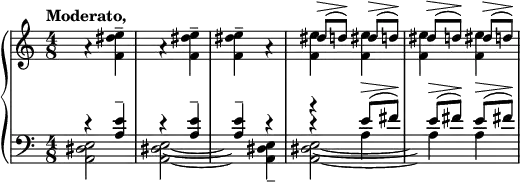 
 \relative c'' {
  \new PianoStaff <<
   \new Staff { \key c \major \set Score.tempoHideNote = ##t \tempo "Moderato," 4=96 \time 2/8
    <<
     { s2 s s dis8^\> ( d\! ) dis^\> ( d\! ) dis^\> ( d\! ) dis^\> ( d\! ) }
    \\
     {
      a4\rest <e' dis f,>^- a,\rest <e' dis f,>^- <e dis f,>^- a,\rest
      <e' f,> <e f,> <e f,> <e f,>
     }
    >>
   }
   \new Dynamics {
   }
   \new Staff { \key c \major \time 4/8 \clef bass
    <<
     { r4 <e, a,>^- r <e a,>^- <e a,>^- r r e8^\> ( fis\! ) e^\> ( fis\! ) e^\> ( fis!\! ) }
    \\
     { s2 s s b4\rest a, a a }
    \\
     { \stemDown \tieDown <e dis a>2 <e~ dis~ a~> \hideNotes <e dis a>4 \unHideNotes <e dis a>_- <e~ dis~ a~>2 \hideNotes <e dis a>4 s }
    >>
   }
  >>
 }
