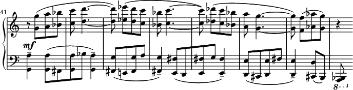 
 \relative c'' {
  \new PianoStaff <<
   \new Staff \with { \remove "Time_signature_engraver" } { \key c \major \set Score.tempoHideNote = ##t \tempo "" 4=132 \time 2/4
    \set Score.currentBarNumber = #41 \bar ""
    r8 <g' g,>( [ <a a,> <bes bes,>] <c c,> <d~ d,~>4.
    <d d,>8) <es es,>( [ <d d,> <c c,>] <bes bes,> <c~ c,~>4.
    <c c,>8) <des des,>( [ <c c,> <bes bes,>] <a a,> <g~ g,~>4.
    <g g,>8) <f f,>( [ <aes aes,> <g g,>] ) r4
   }
   \new Dynamics {
    s-\mf
   }
   \new Staff \with { \remove "Time_signature_engraver" } { \key c \major \time 2/4 \clef bass
    <a,, g,>4-- <a g,>8( [ fis, <a' g,> bes] <a g,>4-- )
    <g fis,>8( [ e,! <g' fis,> a] <g fis,>4--)
    <fis e,>8( [ d, <fis' e,> g] <fis e,>4--)
    <e d,>8( [ cis, <e' d,> fis] <e d,>4--)
    <d cis,>8( b,) \ottava #-1 <bes, a>
   }
  >>
 }

