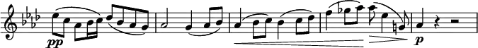 \relative c'' \new Staff \with { \remove "Time_signature_engraver" } {
\set Score.tempoHideNote = ##t \tempo "" 4=56 \key aes \major \time 4/4
es8\pp ( c aes bes16 c) des8( bes aes g) aes2 g4( aes8 bes)
aes4\< ( bes8 c) bes4( c8 des) f4( ges8 aes\! ) aes\> ( es4 g,!8) aes4\p r r2
}