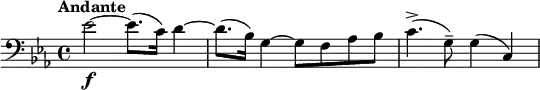  \relative f' { \clef bass \key c \minor \time 4/4 \tempo "Andante" es2\f~ es8.( c16) d4~ | d8.( bes16) g4~ g8 f as bes | c4.->( g8--) g4( c,) }