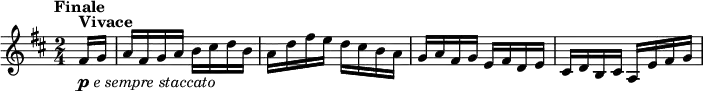 \relative fis' {\set Staff.midiInstrument = #"violin"
\key d \major \time 2/4
\tempo "Finale"
\tempo 4 = 158
\partial 8 fis16^\markup\bold{Vivace} _\markup { \musicglyph #"p" \italic "e sempre staccato" } g
a fis g a b cis d b a d fis e d cis b a g a fis g e fis d e cis d b cis a e' fis g
}