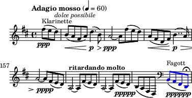 
\header { tagline = ##f }
\score {
  \new Staff \with{ \magnifyStaff #4/5 }{
    \override Score.SpacingSpanner #'common-shortest-duration = #(ly:make-moment 1 2)
    \relative c'' {
      \key d \major \time 4/4 \partial 8*3
      \override Score.MetronomeMark.font-size = #-1
      \tempo "Adagio mosso" 4 = 60
      \set Score.currentBarNumber = #154
      \set Staff.midiInstrument = #"clarinet"
      fis8(^\markup{"Klarinette"} \ppp e d)^\markup{\italic "dolce possibile"} |
      b( \< a fis a) d4.( \p \> b8) a2 \ppp ~a8 
      fis'( e d) a( \< fis d fis) b4..( \p \> a16) a2 ~a8\pppp 
      fis( e d)  a2^\markup{\bold "ritardando molto"} ~a8
      fis'( e d) a2\>\! ~a8 
      fis'(_\markup{\dynamic "ppppp" } e d) b( a fis d)
      \clef bass 
      \set Staff.midiInstrument = #"bassoon"
      \override Stem.color     = #(x11-color 'blue)
      \override NoteHead.color = #(x11-color 'blue)
      \override Beam.color     = #(x11-color 'blue)
      %\override Slur.color     = #(x11-color 'blue)
      %\override Script.color = #(x11-color 'blue)
      b8(^\markup{"Fagott"}_\markup {\dynamic "pppppp" } a fis d)\fermata 
    }
  }
  \layout {indent = 0\mm line-width = 90\mm}
}
\score {
  \new Staff{
    \relative c'' {
      \key d \major \time 4/4 \partial 8*3
      \set Staff.midiInstrument = #"clarinet"
      \tempo 4 = 57
      fis8(\p e d) | b( \< a fis a) d4.( \f \> b8)\p \tempo 4 = 48 a2 ~a8 
      \tempo 4 = 57
      fis'( e d) a( \< fis d fis) b4..( \f \> \tempo 4 = 48 a16)\p a2 ~a8 
      \tempo 4 = 57
      fis(\p e d) \tempo 4 = 42 a2 ~a8 
      \tempo 4 = 48
      fis'(\pp e d) \tempo 4 = 36 a2 ~a8 
      \tempo 4 = 40
      fis' e  d) \tempo 4 = 32 b( a \tempo 4 = 28 fis\pp \tempo 4 = 24 d)
      \clef bass 
      \set Staff.midiInstrument = #"bassoon"
      b8( \ffff \tempo 4 = 22 a \tempo 4 = 20 fis \tempo 4 = 10 d)
    }
  }
  \midi {}
}

