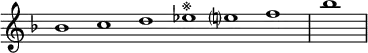 \relative c'' {
\new Staff \with { \remove "Time_signature_engraver" }
{ \key f \major \time 1/1 \cadenzaOn bes1 c d ees^\markup{※} e? f \bar "|" bes \bar"|"}
}