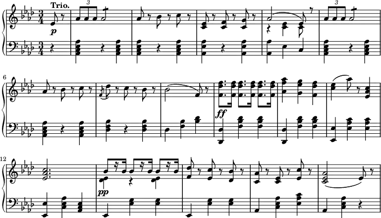 
 \relative b' {
  \new PianoStaff <<
   \new Staff { \key f \minor \time 3/4 \partial 4 {\relative aes'
 ees8^\markup {\bold Trio.} r \times 2/3 { aes8 aes aes } \repeat tremolo 4 aes8 aes8 r bes r c r <ees, c> r <f c> r <g c,> r  
<<{aes2( ees8) r} 
\\
{r4 <c ees> c8}
>>
\relative aes' \times 2/3 { aes8 aes aes } \repeat tremolo 4 aes'8 aes8 r bes r c r \slashedGrace f,( des') r c r bes r bes2( f8) r <f des' f>8. <f des' f>16 <f des' f>8. <f des' f>16 <f des' f>8. <f des' f>16 <aes f' aes>4 <g ees' g> <f des' f> <c' ees>( aes'8) r <ees, aes c>4 <ees aes c>2. 
<< {bes'8[ r16 bes] bes8[ r16 bes] bes8[ r16 bes] }
\\
{<des, ees>4 r <des ees>}
>>
<des' f,>8 r <c ees,> r <bes des,> r <aes c,> r <c, ees> r <ees c'> r <c ees aes>2( ees8) r
   } }
   \new Dynamics {
    s8\p s \times 2/3 { s8 s s } s2 s8 s s s s s s s s s s s s4 s s8 s \times 2/3 { s8 s s } s2 s8 s s s s s \slashedGrace s s s s s s s s2 s8 s s8.\ff s16 s8. s16 s8. s16 s4 s s s s8 s s4 s2. s4\pp s s
      }
   \new Staff { \key f \minor \time 3/4 \clef bass \partial 4
    r4 <aes,, c ees aes> r <aes c ees aes> <aes c ees aes> r <aes c ees aes> <aes ees' aes> r <aes ees' aes> <aes aes'> ees' c <aes c ees aes> r <aes c ees aes> <aes c ees aes> r <aes c ees aes> <des f bes> r <des f bes> des <f bes> <bes des> <des, des,> <f bes des> <f bes des> <des des,> <f bes des> <f bes des> <ees ees,> <ees aes c> <ees aes c> <ees ees,> <c ees aes> <aes c ees> ees <ees' g> <ees g> ees, <ees' g> <ees g> aes, <c ees aes> <ees aes c> aes, <c ees aes> r
   }
  >>
 }

