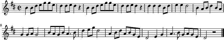 {
#(set-default-paper-size "a7")
#(set-global-staff-size 12)
\key d \major
\once \omit Score.MetronomeMark
\tempo 2 = 108
\time 2/2
\override Score.SpacingSpanner #'common-shortest-duration = #(ly:make-moment 1 2)
\relative c'' {b4 b8 d e g g e d4 d8 e d4 r b4 b8 d e g g e
d4 d8 e d4 r d d d b8 d e4 e d2 b4 a8 b d4 b8 a
g4 g8 a g2 b8 a g b a4. b8 d4 e8 g d2 a4 b8 d a b g e
d2 e4 g a4. b8 g8 a g e d2 r2
}\bar "|."
}