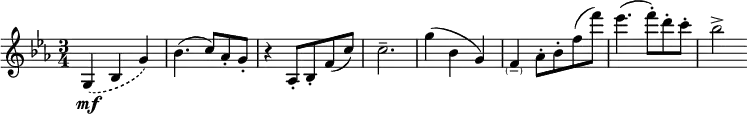 \relative c'{\key es \major \time 3/4 \set Score.tempoHideNote = ##t \tempo "" 4=100 \once \slurDashed g4\mf( bes g') bes4.( c8[) as-. g-.] r4 as,8-. bes-. f'( c') c2.-- g'4( bes, g) f -\parenthesize -- as8-.[ bes-. f'( f')] es4.( f8-.)[ d-. c-.] bes2->  }