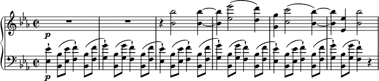 { \new PianoStaff <<
\new Staff \relative bes' { \set Staff.midiInstrument = #"string ensemble 1" \key c \minor \clef treble \time 2/2 \set Score.tempoHideNote = ##t \tempo 2 = 60
R1*2\p | % 3
r4 <bes bes'>2 <bes bes'>4 ~ ~ | % 4
<bes bes'>4 <es es'>2 ( <d d'>4 ) | % 5
<g, g'>4 <c c'>2 ( <bes bes'>4 ) ~ ~ | % 6
<bes bes'>4 <es, es'>4 <bes' bes'>2
}
\new Staff \relative es { \set Staff.midiInstrument = #"string ensemble 1" \key c \minor \clef bass \time 2/2
<es es'>4 \p -! <bes bes'>8 ( <es
es'>8 <f f'>4 ) -! <bes, bes'>8 ( <f' f'>8 | % 2
<g g'>4 ) -! <bes, bes'>8 ( <g' g'>8 <f f'>4 ) -! <bes, bes'>8 ( <f'
f'>8 | % 3
<es es'>4 ) -! <bes bes'>8 ( <es es'>8 <f f'>4 ) -! <bes, bes'>8 (
<f' f'>8 | % 4
<g g'>4 ) -! <bes, bes'>8 ( <g' g'>8 <f f'>4 ) -! <bes, bes'>8 ( <f'
f'>8 | % 5
<es es'>4 ) -! <bes bes'>8 ( <es es'>8 <f f'>4 ) -! <bes, bes'>8 (
<f' f'>8 | % 6
<g g'>4 ) -! <bes, bes'>8 ( <g' g'>8 <f f'>4 ) -! r4 \! }
>> }