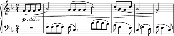 
 { \new PianoStaff <<
    \new Staff = "RH" \relative c' { \clef treble \key f \major  \time 2/4
      [ f8-\markup { \dynamic p \italic { , dolce}}--( f-- f--\< g-- ] | a2) |
      [g8--( g-- g-- g-- ] | c2) | [c8(\> a g c ] | a2 | g2)\! | }
    \new Staff = "LH" \relative c { \clef bass \key f \major  \time 2/4 
       R2 [f8-- f( g f) ] | f( c4.) | [c'8( d c bes) ] | a8( f4 e8) | c8( f4 d8) | f8( e4 c8) |   } 
   >> }
