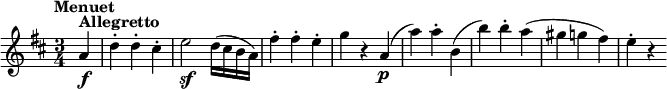 \version "2.18.2"
\relative c'' {
\key d \major
\time 3/4
\tempo "Menuet "
\tempo 4 = 142
\partial 4 a4^\markup { \bold Allegretto } \f
d-. d-. cis-.
e2 \sf d16 (cis b a)
fis'4-. fis-. e-.
g r a, \p
(a') a-. b,
(b') b-. a
(gis g fis)
e-. r
}