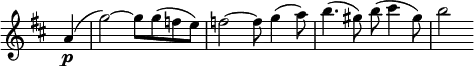 \new Staff \with { \remove "Time_signature_engraver" }\relative c''{\key d \major \time 4/4 \partial 4 \set Score.tempoHideNote = ##t \tempo "" 4=60 a4\p( g'2) ~ g8 g( f e) f2 ~ f8 g4( a8) b4.( gis8) b8( cis4 gis8) b2 }