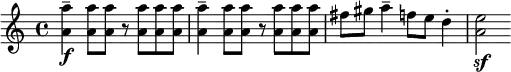 
{ \key c \major \relative c''
{
\f <a a'>4^- <a a'>8 <a a'>8 r<a a'>8[ <a a'>8 <a a'>8] <a a'>4^- <a a'>8 <a a'>8 r<a a'>8[ <a a'>8 <a a'>8] fis'8 gis8 a4^- f8 e8 d4-. <a e'>2 \sf }
}

