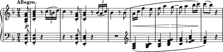 
 \relative c' {
  \new PianoStaff <<
   \new Staff { \key f \major \time 2/4 \tempo "Allegro." \partial 8
    <a' f c a>8-. <c a f c>4-. r8 \times 2/3 { c16([ b d]) } c4 r8
    <a f c>8-. <bes g c,>4-. r8 \stemUp \times 2/3 { bes16([ a c]) } \stemNeutral bes4 r8
    bes8( a16 c f4 e8 f8 a4 g8~ g a4 bes16 c) c8( bes) r4
   }
   \new Dynamics {
    s8\p s2 s s s s\< s4 s4\> s2 s8\!
   }
   \new Staff { \key f \major \time 2/4 \clef bass
    <f,, c f,>8-. <f c f,>4-. r r r8 <f c f,>-. <e c e,>4-. r R2 \clef treble
    <c' a f>4( <c bes g> <f c a> <g f d bes> <a f c> <c a f es> <bes f d>) r
   }
  >>
 }
