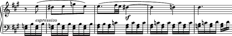 
 \relative c' {
  \new PianoStaff <<
   \new Staff \with { \remove "Time_signature_engraver" } { \key a \major \time 2/4 \partial 4
    r8 e'8( dis[ e g e]) e8.( fis32 e dis4~ dis d) d4.
   }
   \new Dynamics {
    \override TextScript #'whiteout = ##t
    s8 s_\markup \italic espressivo s2 s4 s\sf
   }
   \new Staff \with { \remove "Time_signature_engraver" } { \key a \major \time 2/4 \clef bass
    <g,, e>16 b <g e> b | <g e> b <g e> b <g e> b <g e> b |
    <a fis> b <a fis> c <a fis> c <a fis> c | <a fis> c <a fis> c <a fis> c <a fis> c |
    <b g> c <b g> d <b g>[ \set stemRightBeamCount = 2 d]
   }
  >>
 }
