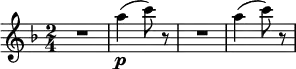 
\relative c' {
\key f \major
\time 2/4
\tempo ""
\tempo 4 = 152
\set Staff.midiInstrument = "violin"
    \compressMMRests {
    R2}
    a''4\p ( c8 ) r
    \compressMMRests {
    R2}
    a4 ( c8 ) r
}
