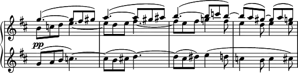 \relative c' {
\new PianoStaff <<
\new Staff \with { \remove "Time_signature_engraver" } { \key d \major \time 6/8
<<
{ g''4.~( g8 fis gis) a4.~( a8 gis ais) b4.~( b8 c b~) b( a gis~) gis( a g) }
\\
{ b,8 c d e4.~ e8 d e fis4.~ fis8 e fis g!4 fis8 e4 d8 e4 e8 }
>>
}
\new Dynamics {
s2.\pp
}
\new Staff \with { \remove "Time_signature_engraver" } { \key d \major \time 6/8
g,8( a b c4.)~ c8( b cis d4.)~ d8( cis dis) e4( d8 c4 b8 c4 cis8)
}
>>
}