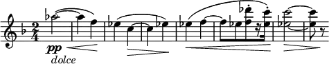 
\relative c' {
\key f \major
\time 2/4
\tempo ""
\tempo 4 = 152
\set Staff.midiInstrument = "violin"
aes''2~_\markup { \italic "dolce" }\pp\<
( aes4 f )\!
ees ( c~\>
c ees )\!
ees\< ( f~
f8 [ ees <f des'>-. r16 <ees c'>-. ] )\!
<ees c'>2~\>
<ees c'>8 r\!
}
