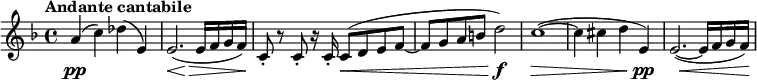 <<
\relative c'' \new Staff {
\set Score.tempoHideNote = ##t \tempo "Andante cantabile" 4=72 \key f \major \time 4/4
a4 ( c) des( e,) e2.( e16 f g f) c8-. r c-. r16 c-. c8( d e f~
f g a b d2) c1~( c4 cis d e,) e2.~( e16 f g f)
}
\new Dynamics {
s4\pp s s2 s2\< s\> s2\! s2\< s s\f s1\> s2. s4\pp s4 s\< s s8. s16\!
}
>>
