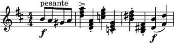 \relative c'' {
\new PianoStaff <<
\new Staff
{ \key d \major \time 4/4 \numericTimeSignature
\partial 4*2 b8\f^\markup { pesante} a gis a <a' fis d>4-> <a, fis d>-. <g' e c >-. <g, e c >-. <fis' dis b>-. <fis, dis b>-. <b dis,>\f-( <dis fis,>-) }
>> }