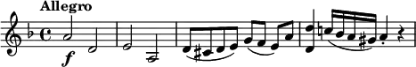 
\version "2.18.2"
\relative c'' {\set Staff.midiInstrument = #"violin"
  \key d \minor
  \time 4/4
  \tempo "Allegro"
  \tempo 4 = 130
  a2\f d,
  e a,
  d8 (cis d e) g (f e)\noBeam [a]
  <d, d'>4 c'!16 (bes a gis) a4-. r
}
