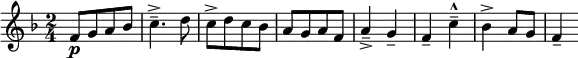 
\relative c' {  
   \new Staff  { \key f \major  \time 2/4
     [ f8-\p g a bes ] | c4.---> d8 | [c8-> d c bes ] | [a g a f ] | a4---> g-- | f-- c'---^ |
     bes4-> a8 g | f4--  
     }}
