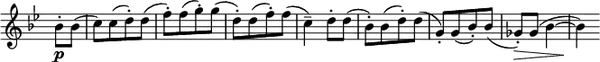 
\relative c'' \new Staff \with { \remove "Time_signature_engraver" } {
 \key g \minor \time 2/4 \set Score.tempoHideNote = ##t \tempo "" 4=120 \partial 4
 bes8-.\p bes( c) [ c( d-.) d] ( f-.) [ f( g-.) g] ( d-.) [ d( f-.) f] ( c4--) d8-. d(
 bes-.) [ bes( d-.) d] ( g,-.) [ g( bes-.) bes] ( ges-.) \> ges( bes4~ bes\! )
}
