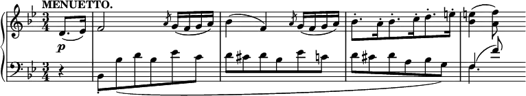 
 \relative c' {
  \new PianoStaff <<
   \new Staff { \key bes \major \time 3/4 \tempo "MENUETTO." \partial 4
    d8.( es16) f2 \slashedGrace a8 g16( f g a) bes4( f) \slashedGrace a8 g16( f g a)
    bes8.-.[ a16-. bes8.-. c16-. d8.-. e16-.] <e bes>4( <f a,>8)
   }
   \new Dynamics {
    s4\p
   }
   \new Staff { \key bes \major \time 3/4 \partial 4 \clef bass
    \mergeDifferentlyDottedOn
    <<
     { s4 s2. s s f,,4( f'8) }
    \\
     { d,4\rest bes8-. bes'( d bes es c d cis d bes es c d cis d a bes g) f4. s8 }
    >>
   }
  >>
 }
