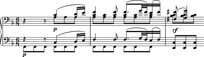 
 \relative c' {
  \new PianoStaff <<
   \new Staff { \key d \minor \time 6/8 \clef bass
    <<
     { d,4\rest d8\rest c'4( d16 e) f4 f8 f8.( g32 f) e16-.( f-.) <fis fis,>8( <g g,>4) }
    \\
     { s4 s8 a,8 a a <c a> <c a> <c a> <c a> <c a> <c a> <c bes> <c bes> <c bes> }
    >>
   }
   \new Dynamics {
    s4 s8 s4._\markup \dynamic p s2. s4._\markup \dynamic rf
   }
   \new Staff { \key d \minor \time 6/8 \clef bass
    <<
     { f,4\rest f8\rest c4( d16 e) f4 f8 f8.( g32 f) e16-.( f-.) <c e,>8 <c e,> <c e,> }
    \\
     { f,8\p f f f f f | f f f f f f }
    >>
   }
  >>
 }
