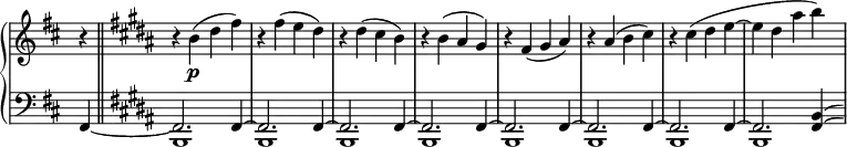 \relative c'' {
\new PianoStaff <<
\new Staff \with { \remove "Time_signature_engraver" } {
\key b \minor \time 2/2 \set Score.tempoHideNote = ##t \tempo "" 4=250 \partial 4
r4 \bar "||" \key b \major r b\p ( dis fis) r fis( e dis)
r dis( cis b) r b( ais gis) r fis( gis ais) r ais( b cis)
r cis( dis e~ e dis ais' b)
}
\new Staff \with { \remove "Time_signature_engraver" } { \key b \minor \time 2/2 \clef bass
<<
{
fis,,,4_~ \key b \major fis2. fis4~ fis2. fis4~ fis2. fis4~ fis2. fis4~
fis2. fis4~ fis2. fis4~ fis2. fis4~ fis2.
\shape #'((1 . -3) (1 . -2.8) (1 . -2.8) (1.5 . -2.3)) Slur
\shape #'((1 . -4) (1 . -4) (1 . -4) (1.5 . -3.5)) PhrasingSlur
<b fis>4*1/2^( ^\( \hideNotes <b fis>8) \)
}
\\
{ s4 b,1 b b b b b b b }
>>
}
>>
}