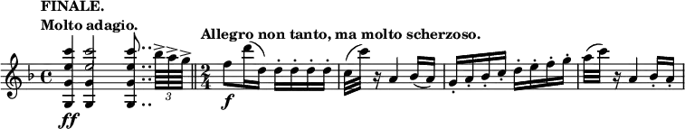 
\relative c''' {
 \key f \major \time 4/4 \set Score.tempoHideNote = ##t
 \tempo \markup {
   \column {
    \line { FINALE. }
    \line { Molto adagio. }
   }
  } 4=58
 \override Score.NonMusicalPaperColumn #'line-break-permission = ##f
 <c e, g, g,>4\ff
  << { \voiceOne <c e,>2 }
       \new Voice { \voiceTwo \stemUp <g, g,>4 }
   >> \oneVoice
 <c' e, g, g,>8.. \times 2/3 { bes64->[ a-> g->] }
 \tempo "Allegro non tanto, ma molto scherzoso." 4=130
 \bar "||" \time 2/4 f8\f d'16( d,) d-. d-. d-. d-. c32( c') r16 a,4 bes16( a)
 g-. a-. bes-. c-. d-. e-. f-. g-. a32( c) r16 a,4 bes16-. a-.
}

