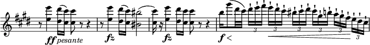 
\relative c''' \new Staff \with { \remove "Time_signature_engraver" } {
 \set Score.tempoHideNote = ##t \tempo "" 4=80 \key cis \minor \time 4/4
 r8 <e e,>4_\markup { \dynamic ff \italic pesante } <dis dis,>16( <cis cis,>) q8 r r4
 r8 <e e,>4\fz <dis dis,>16( <cis cis,>) <bis bis,>2(
 <cis cis,>16) r <e e,>4\fz <dis dis,>16 <cis cis,> q8 r r4
 b16\f \< gis'8\! ( dis32 cis)
 \times 2/3 { dis16-![ e-! fis-!] } \times 2/3 { e-!\< [ dis-! cis-!] }
 \times 2/3 { bis-![ cis-! dis-!] } \times 2/3 { cis-![ gis-! b-!] }
 \times 2/3 { a-![ gis-! fis-!\! ] } \times 2/3 { e-![ dis-! cis-!] }
}

